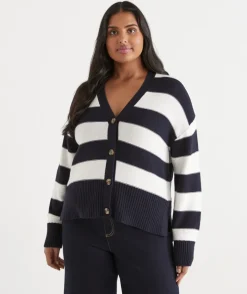 Sussan Tops|Knitwear>V Neck Stripe Cardigan - INK