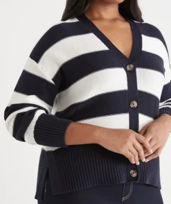 Sussan Tops|Knitwear>V Neck Stripe Cardigan - INK